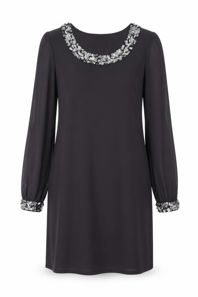 Wallis Women Black Sequin Trim Shift Dress Size 12 Long Sleeve Party