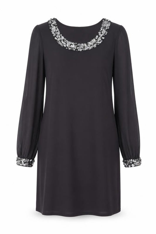 Wallis Women Black Sequin Trim Shift Dress Size 12 Long Sleeve Party