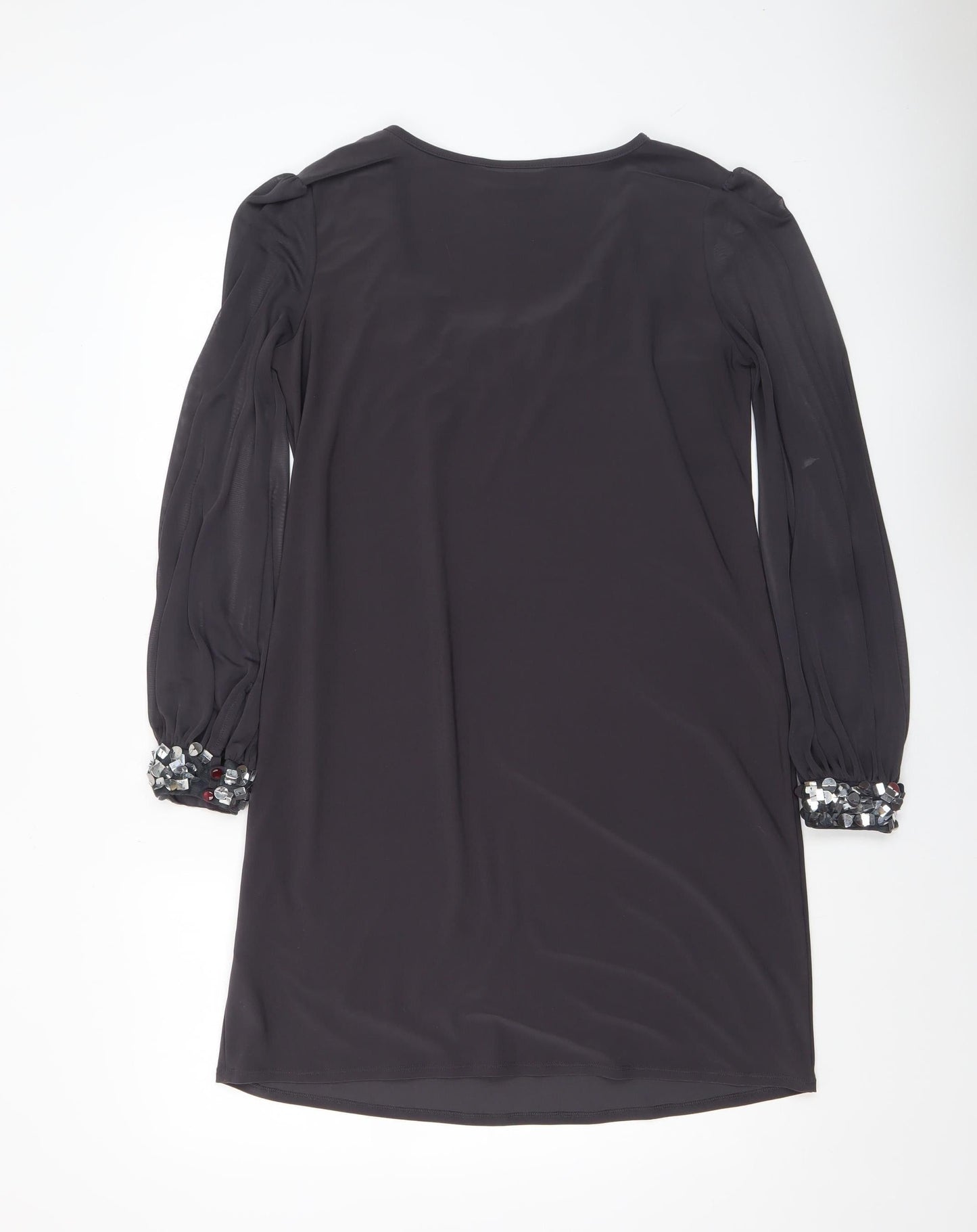 Wallis Women Black Sequin Trim Shift Dress Size 12 Long Sleeve Party