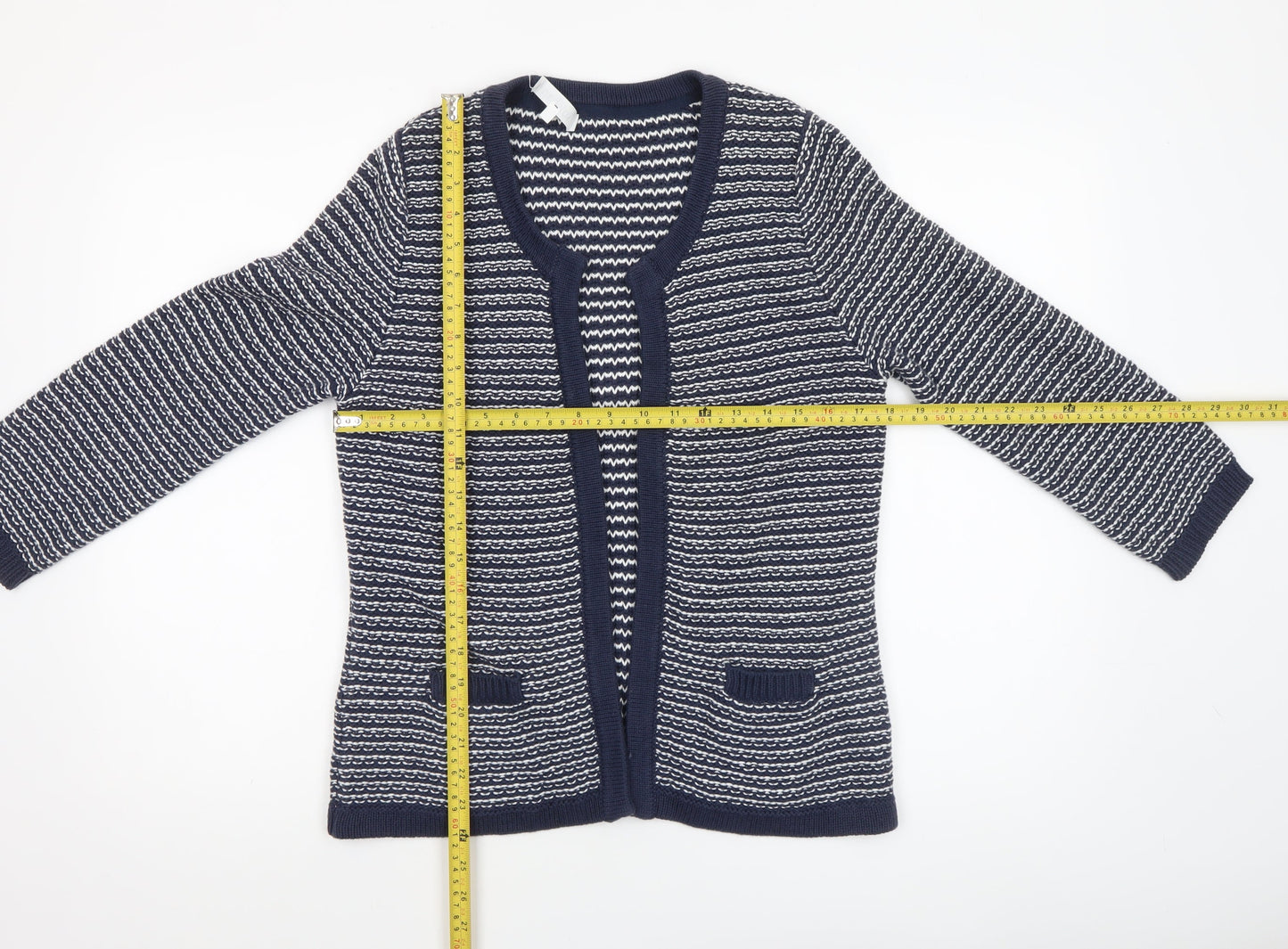 Tulchan Womens Blue Striped V-Neck Cotton Cardigan Size M