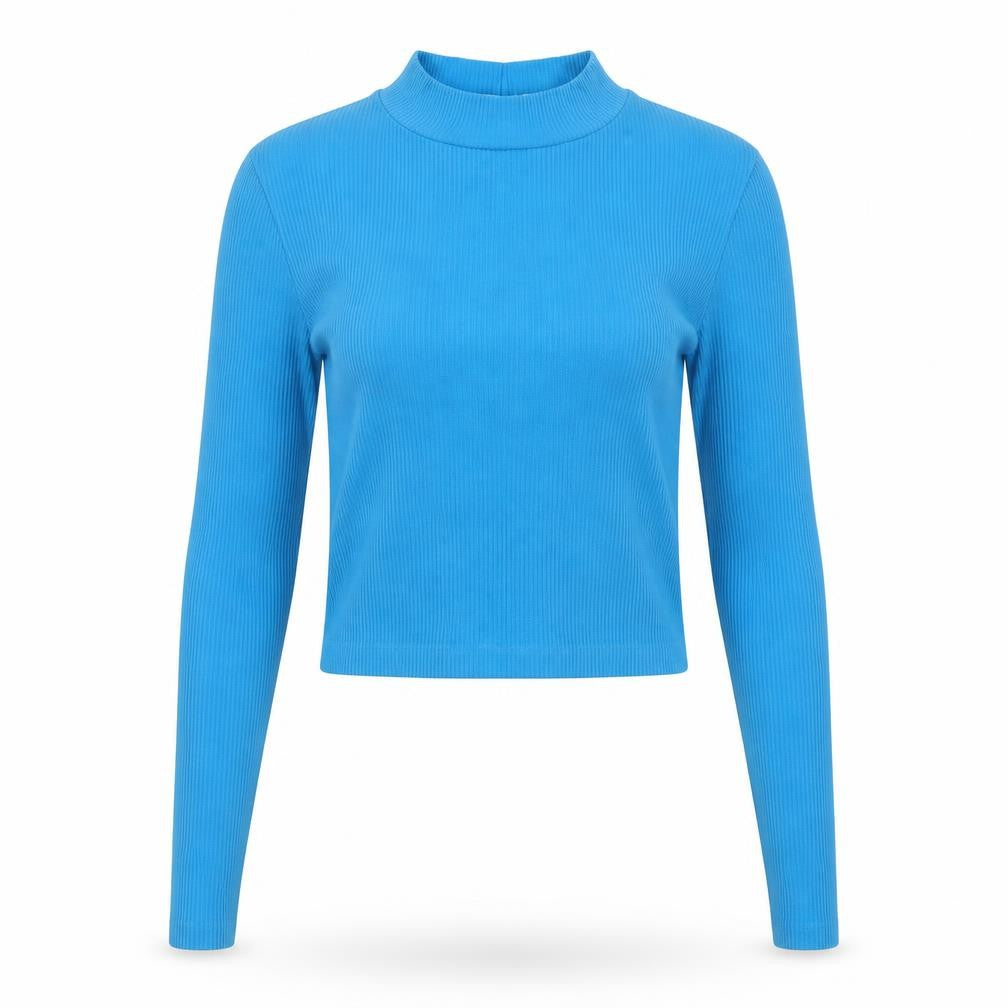 Stradivarius Women’s Blue Cropped Mock Neck Ribbed Long Sleeve Top Size S
