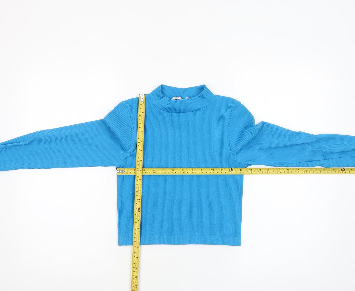 Stradivarius Women’s Blue Cropped Mock Neck Ribbed Long Sleeve Top Size S