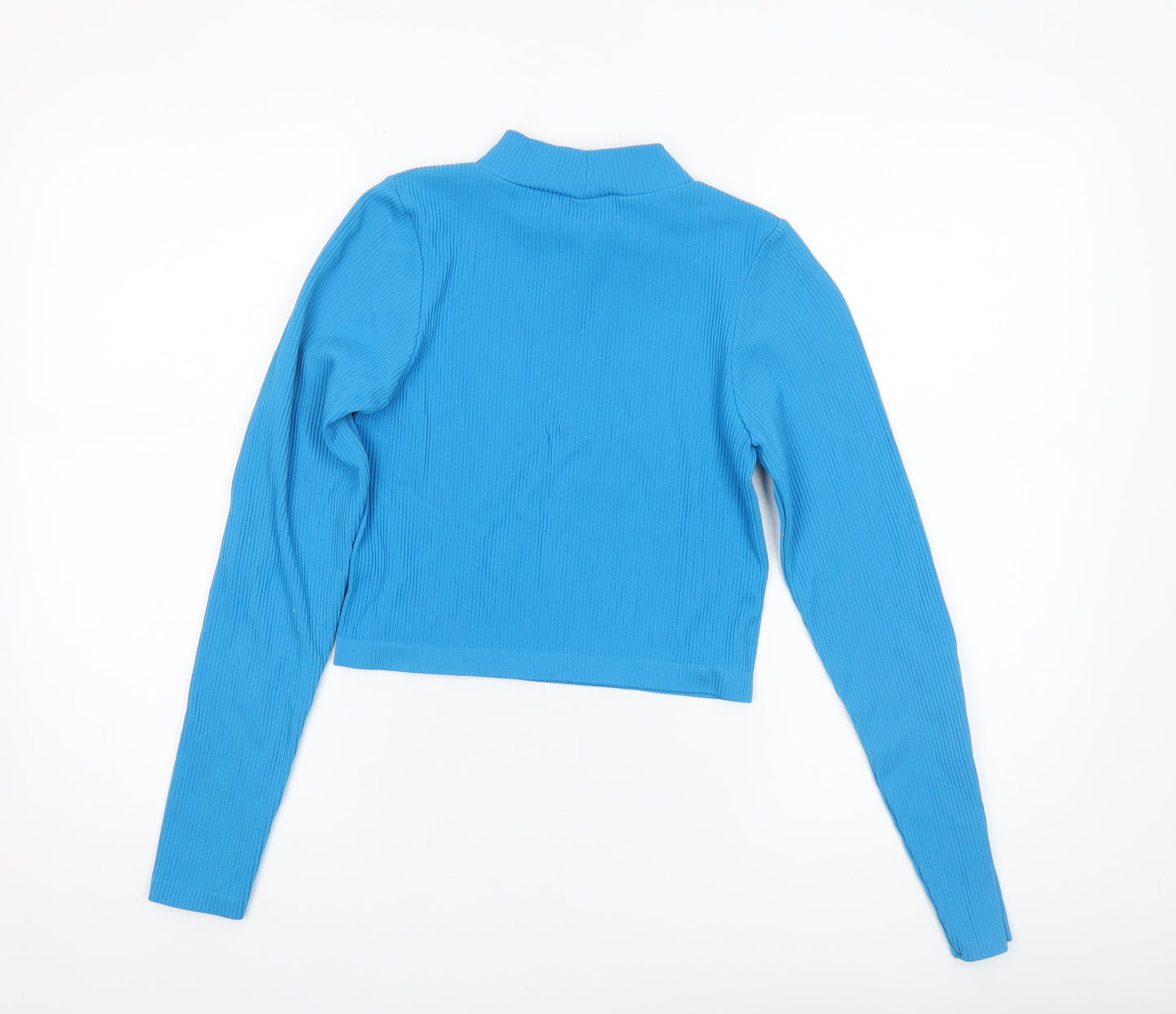 Stradivarius Women’s Blue Cropped Mock Neck Ribbed Long Sleeve Top Size S