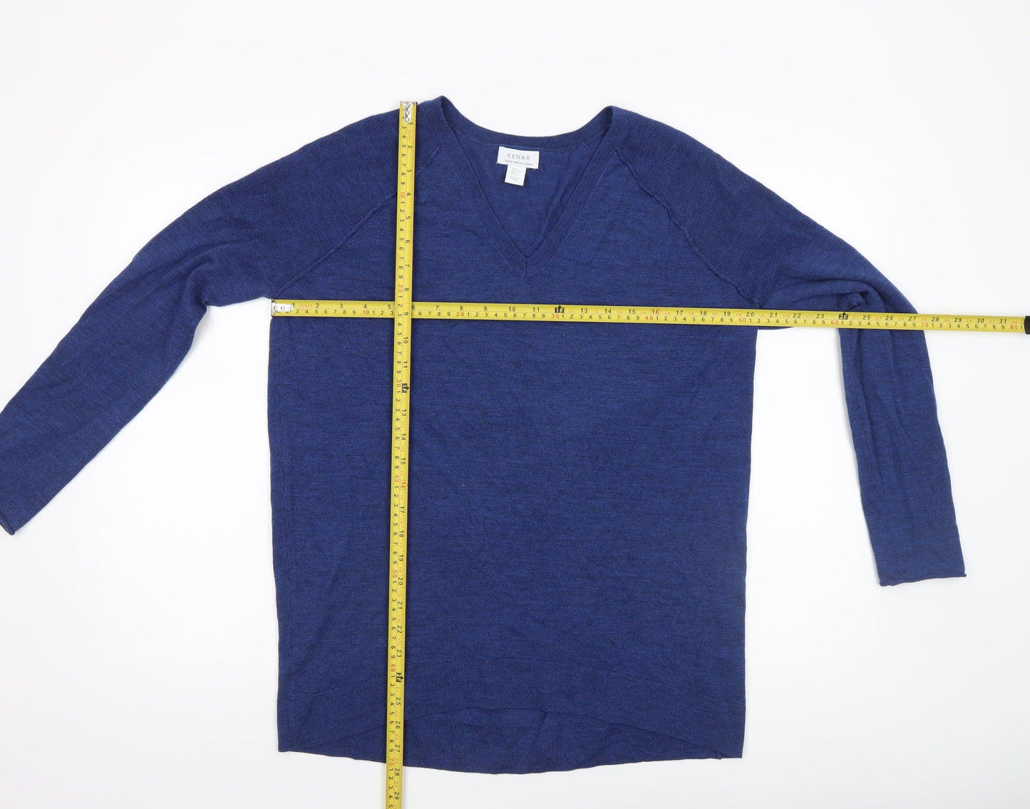 KENAR Womens Blue Merino Wool V-Neck Long Sleeve Jumper Size L
