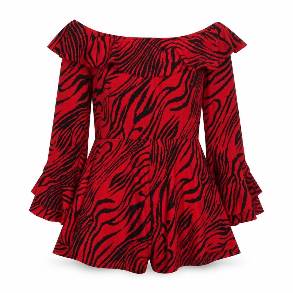Boohoo Women Red Black Animal Print Off Shoulder Playsuit Size 10