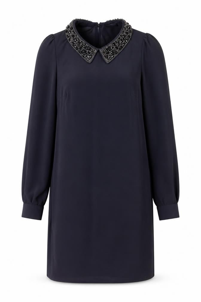 Wallis Women Black Beaded Collar Petite Shift Dress Size 8 Long Sleeve