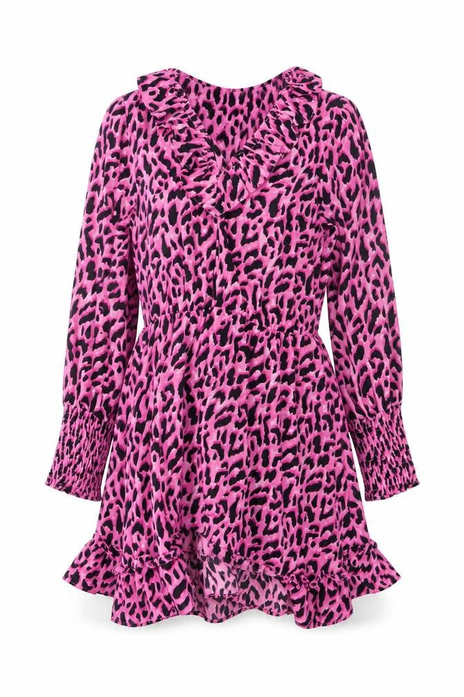 Savida Women's Pink Leopard Print Ruffle Long Sleeve A-Line Dress Size 10