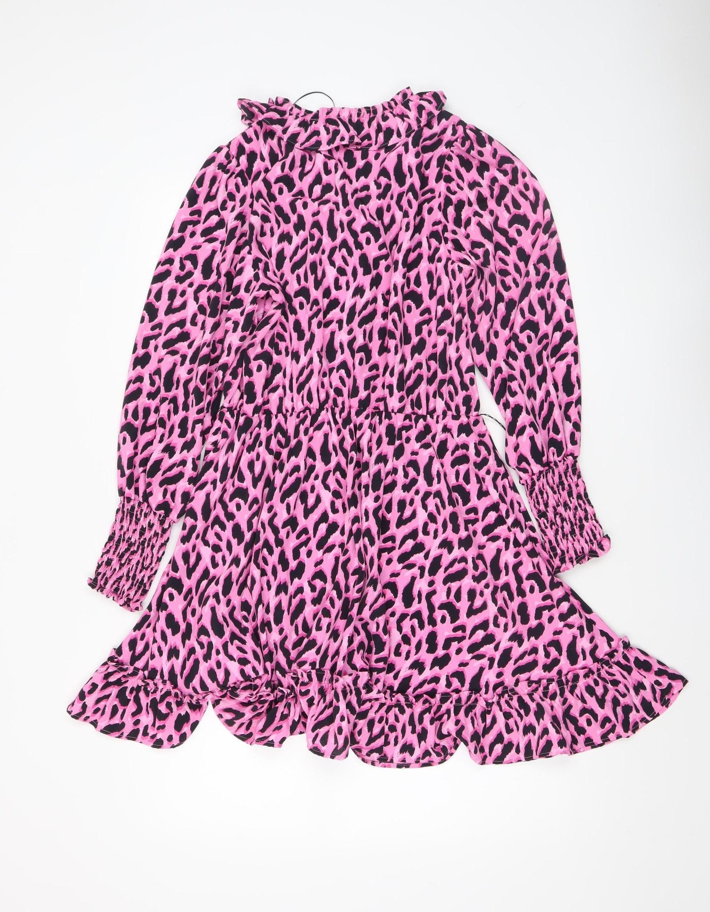 Savida Women's Pink Leopard Print Ruffle Long Sleeve A-Line Dress Size 10