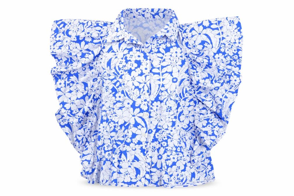 Zara Womens Blue Floral Cotton Ruffle Blouse Size L