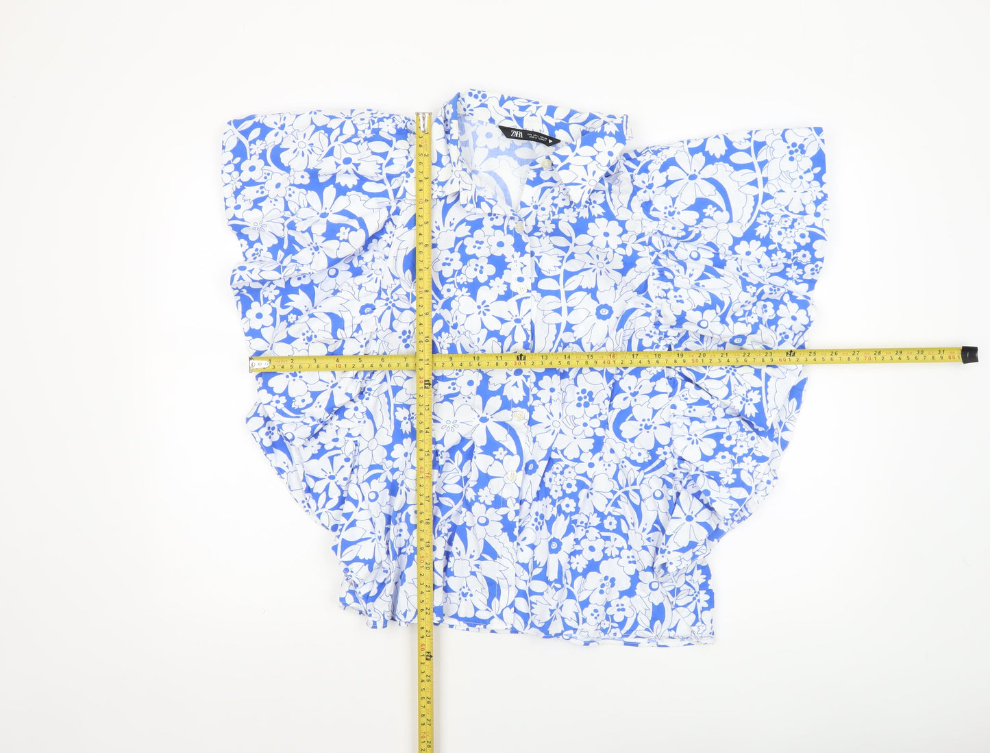 Zara Womens Blue Floral Cotton Ruffle Blouse Size L