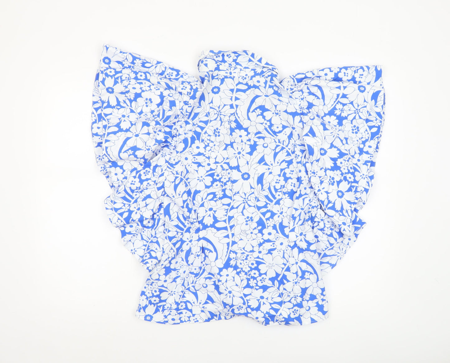 Zara Womens Blue Floral Cotton Ruffle Blouse Size L