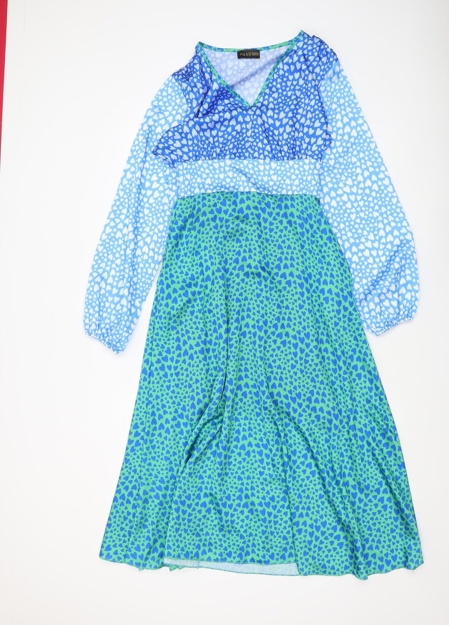 Pala D'oro Women's Blue Green Heart Print Midi A-Line Dress Size S