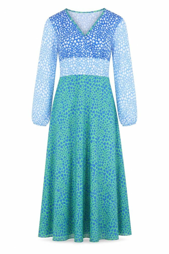 Pala D'oro Women's Blue Green Heart Print Midi A-Line Dress Size S