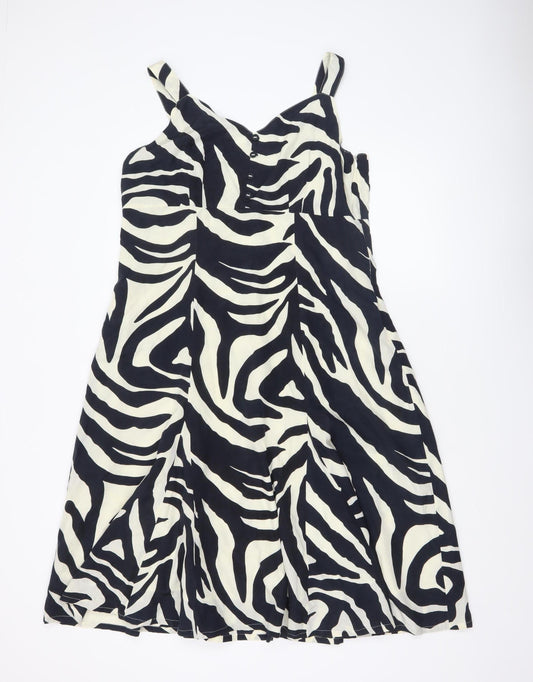 Jensen Women Black Zebra Print Silk Blend Sleeveless A-Line Dress Size 14