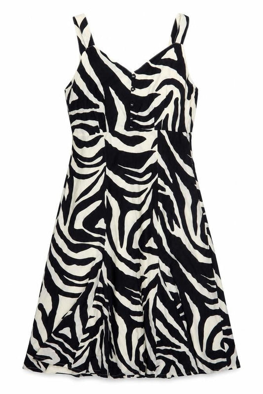Jensen Women Black Zebra Print Silk Blend Sleeveless A-Line Dress Size 14