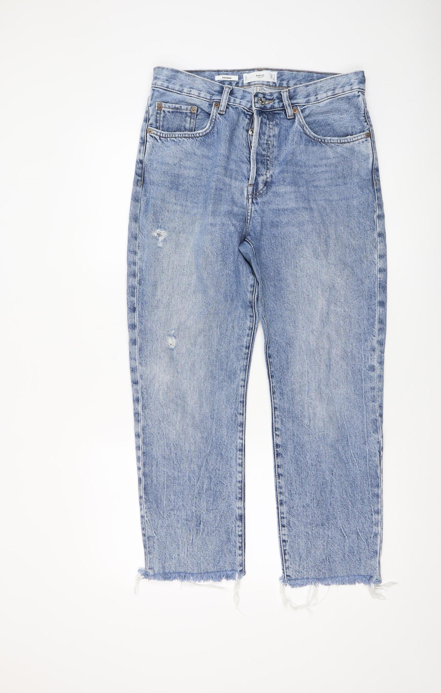 Mango Women Blue Distressed High Rise Straight Denim Jeans Size 10