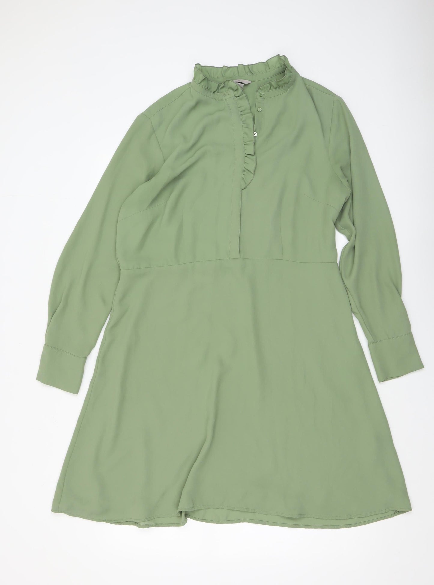 H&M Women Green A-Line Long Sleeve Ruffle High Neck Dress Size L