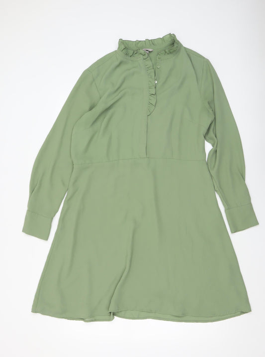 H&M Women Green A-Line Long Sleeve Ruffle High Neck Dress Size L