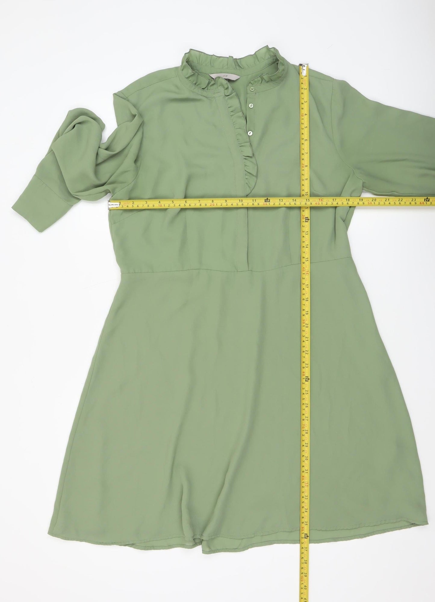H&M Women Green A-Line Long Sleeve Ruffle High Neck Dress Size L