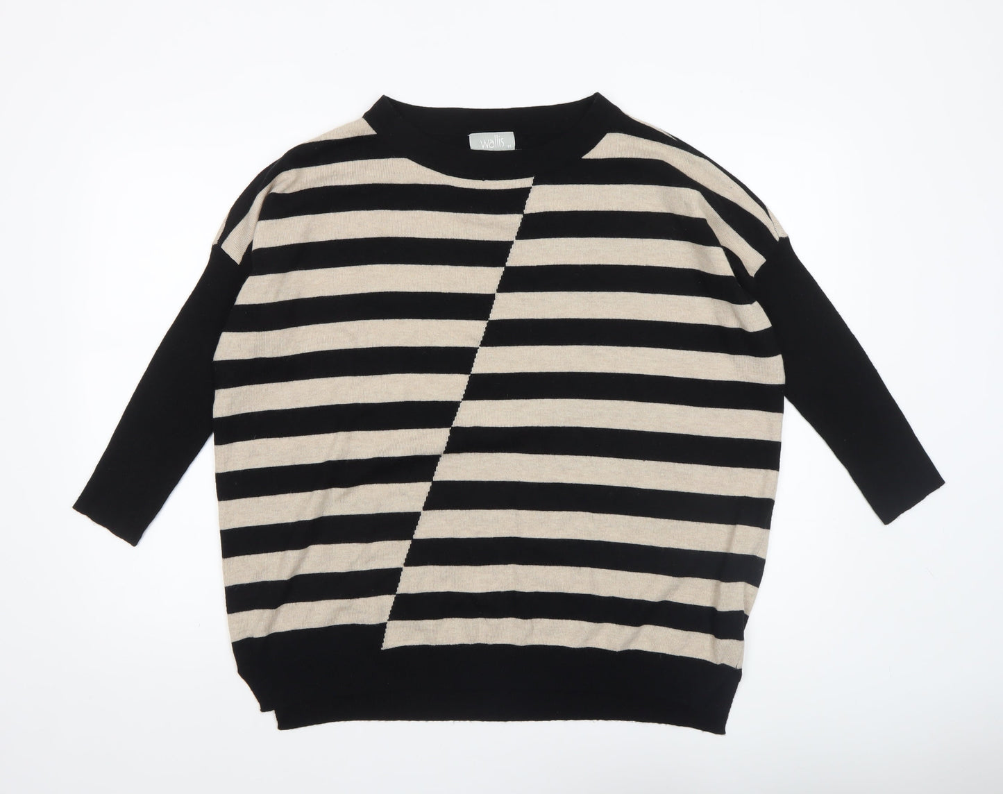 Wallis Women’s Black Beige Striped 3/4 Sleeve Relaxed Fit Jumper M