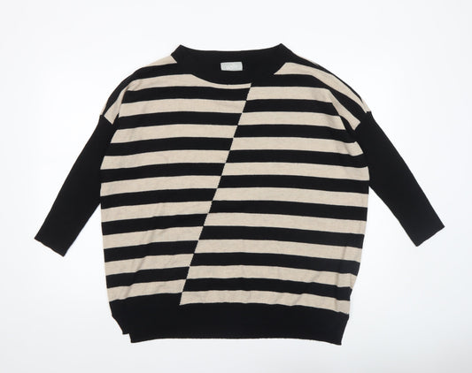 Wallis Women’s Black Beige Striped 3/4 Sleeve Relaxed Fit Jumper M