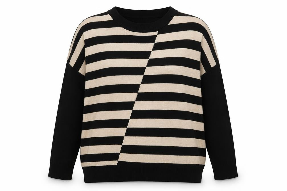 Wallis Women’s Black Beige Striped 3/4 Sleeve Relaxed Fit Jumper M