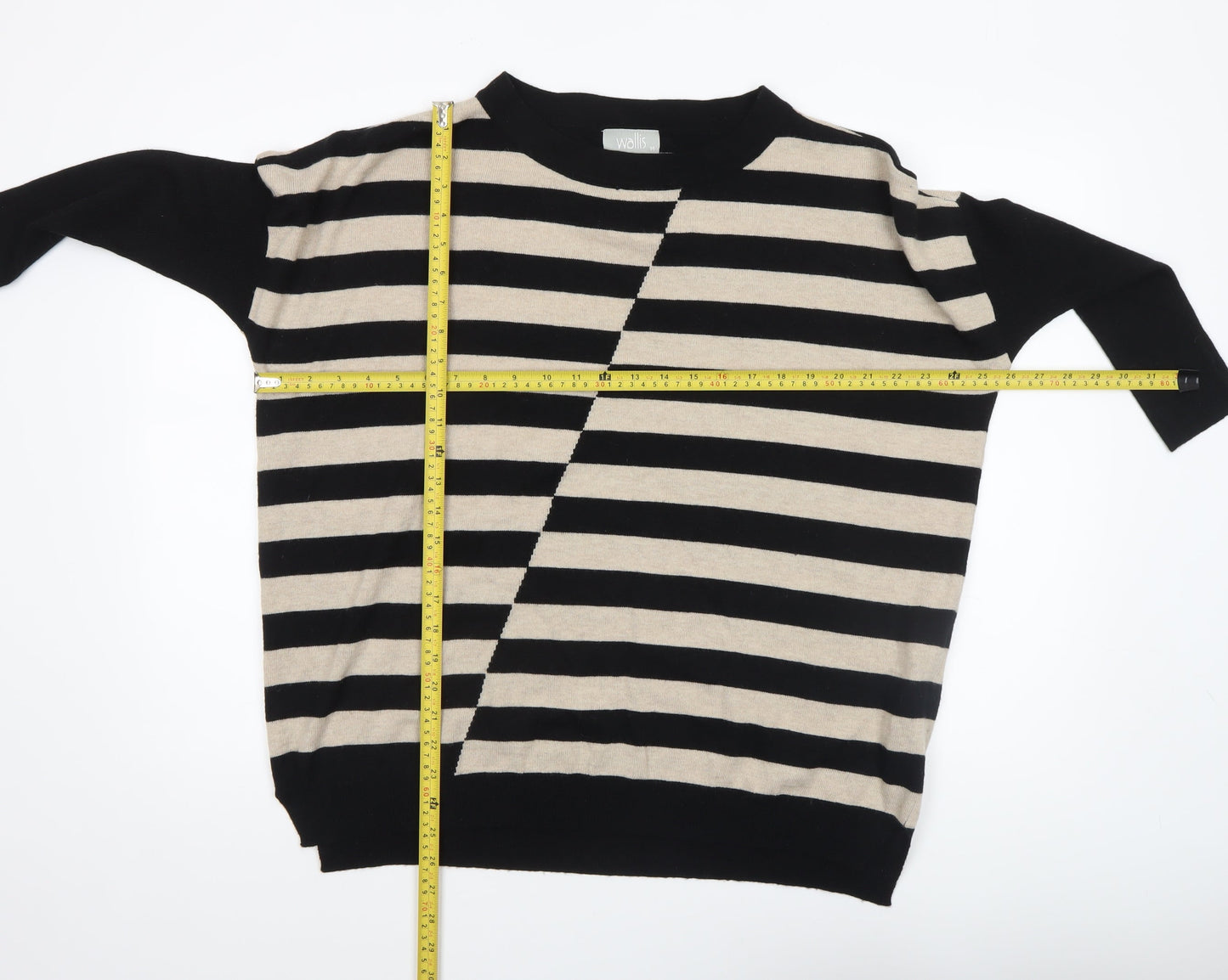 Wallis Women’s Black Beige Striped 3/4 Sleeve Relaxed Fit Jumper M