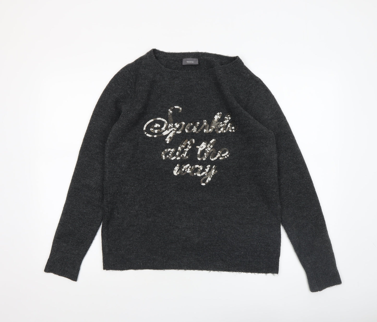 Yessica Women Grey Sequin Pullover Jumper Size M Crew Neck Knit