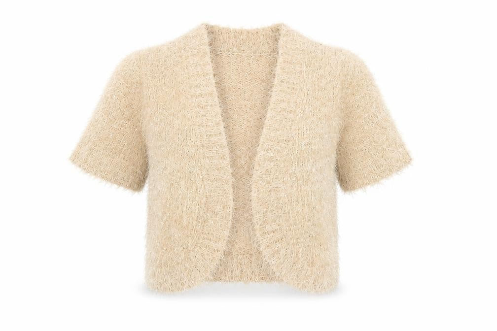 Peacocks Women's Beige Short Sleeve Sequin Open-Knit Cardigan M