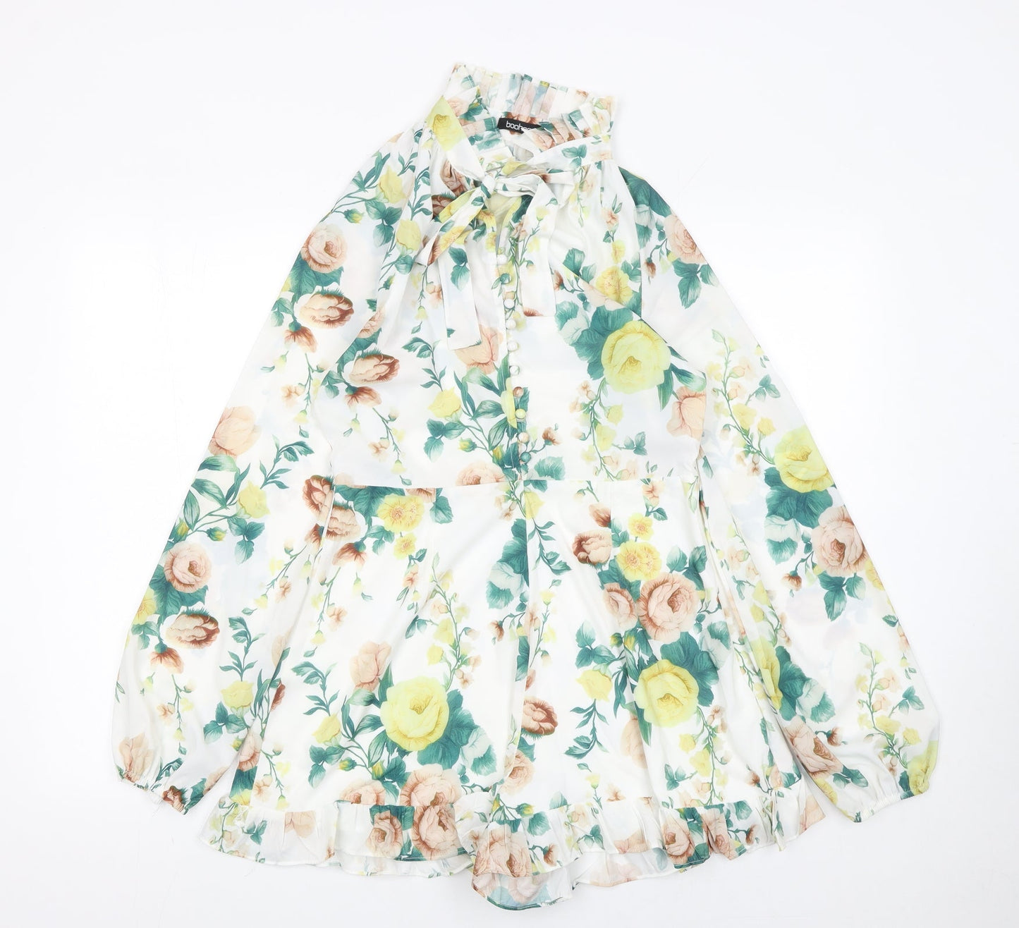 Boohoo Womens Multicoloured Floral Chiffon Long Sleeve Playsuit Size 10