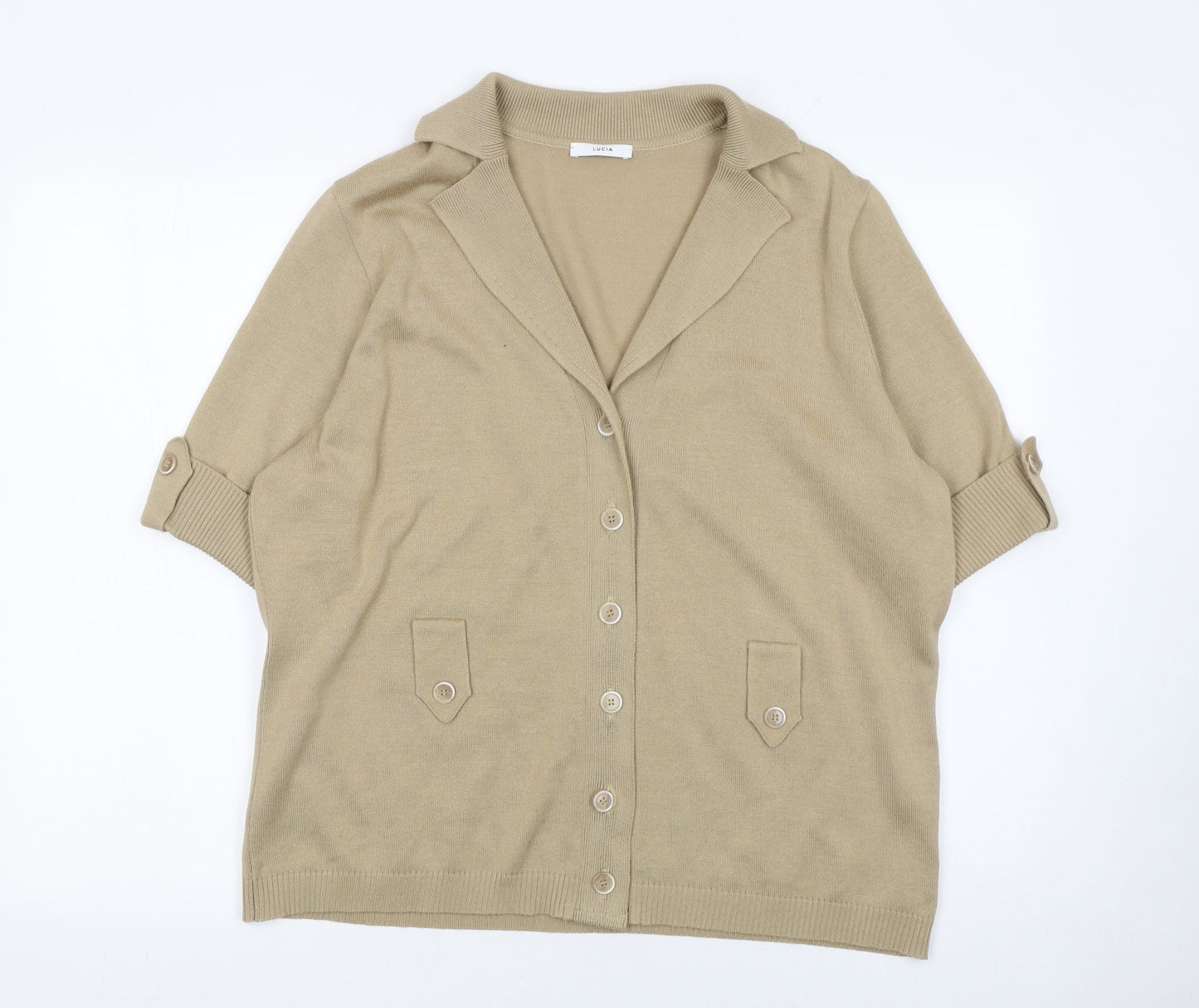 Lucia Women's Beige Short Sleeve Collared Knit Cardigan Size 16
