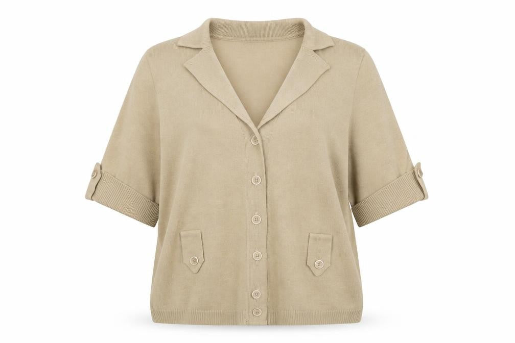 Lucia Women's Beige Short Sleeve Collared Knit Cardigan Size 16