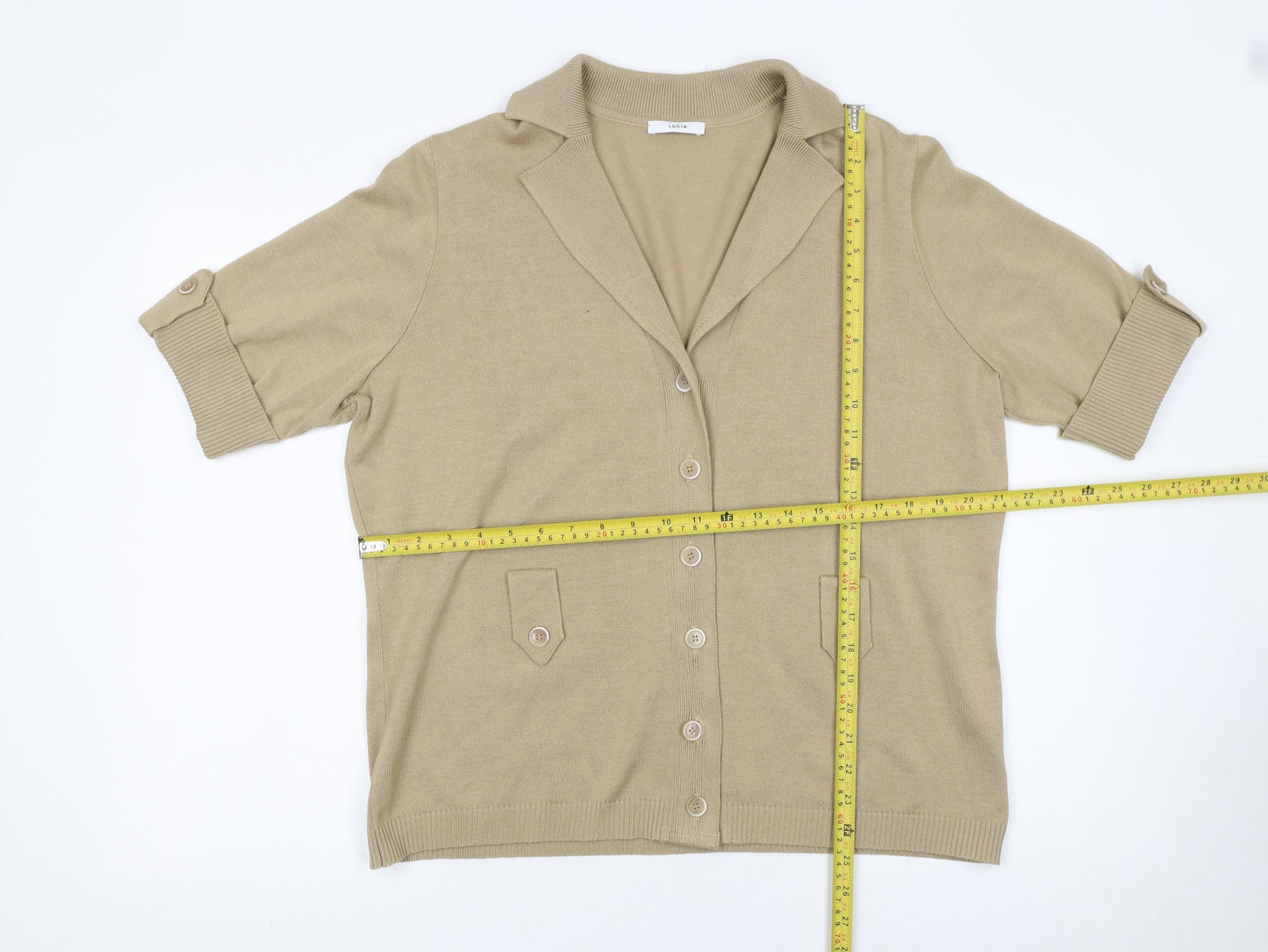 Lucia Women's Beige Short Sleeve Collared Knit Cardigan Size 16