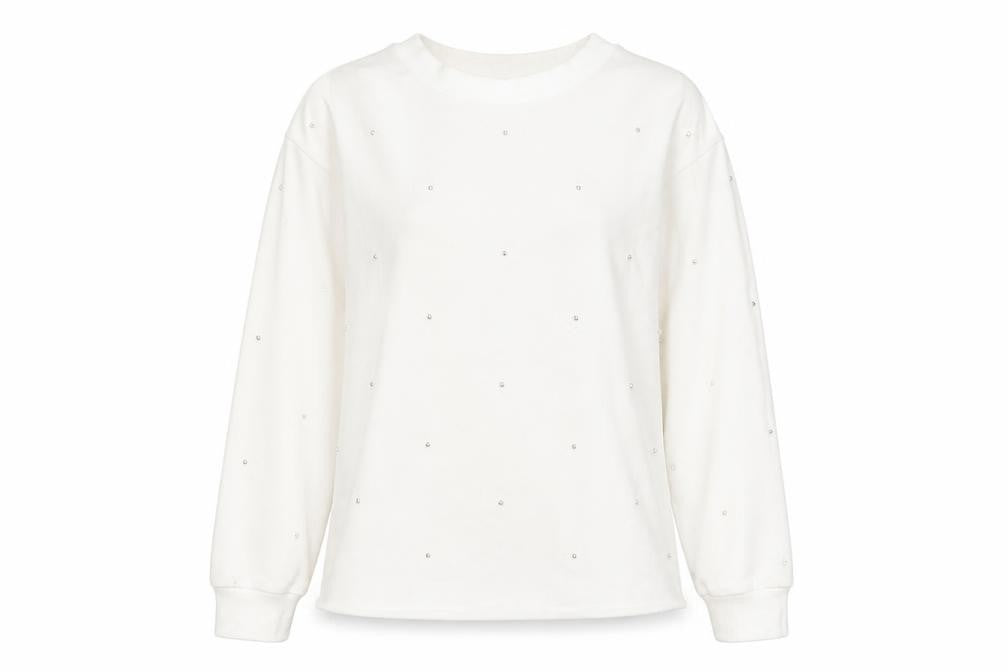 Massimo Dutti Women White Small Pullover Sweatshirt Beaded Cotton Blend