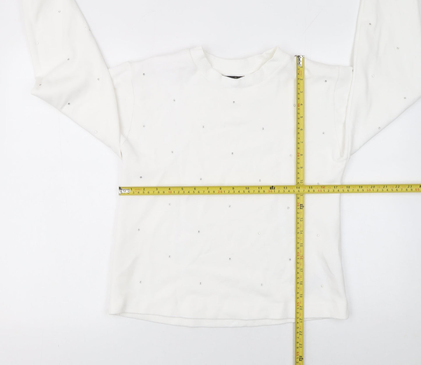 Massimo Dutti Women White Small Pullover Sweatshirt Beaded Cotton Blend