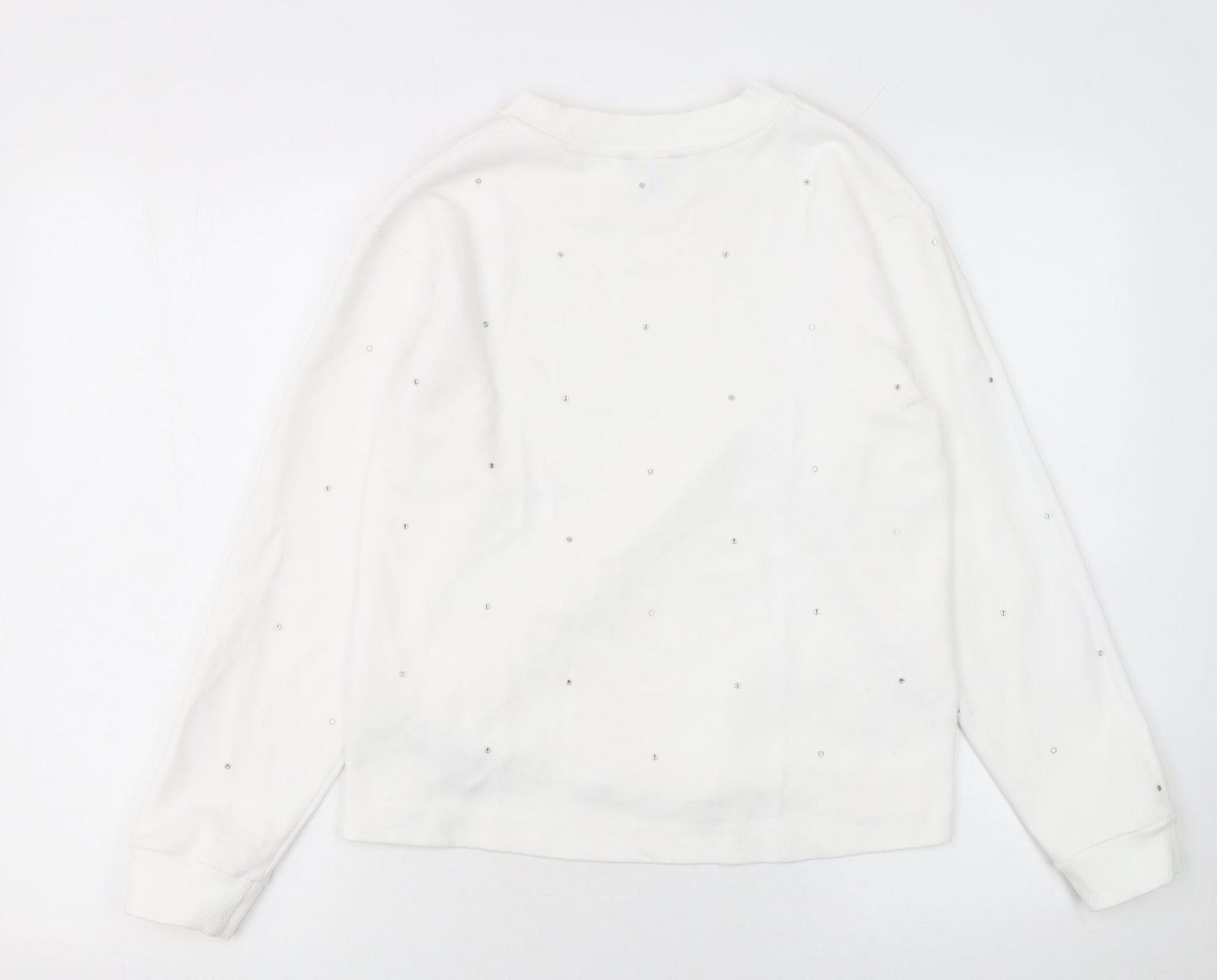 Massimo Dutti Women White Small Pullover Sweatshirt Beaded Cotton Blend
