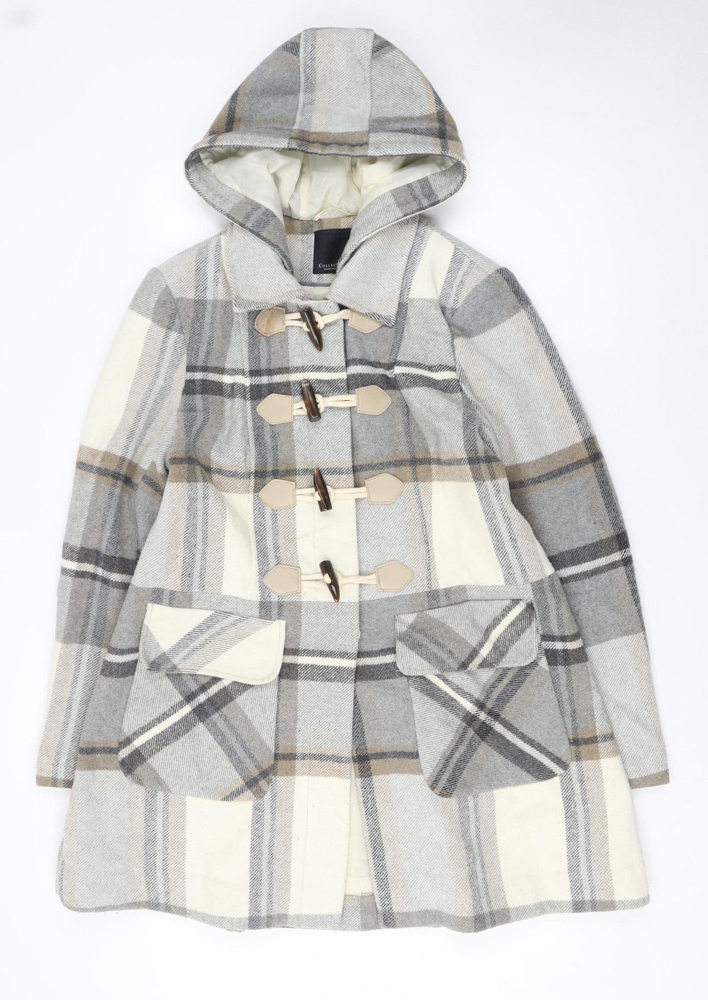 Debenhams Womens Grey Check Wool Blend Hooded Duffle Coat Size 16