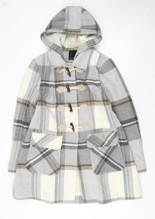 Debenhams Womens Grey Check Wool Blend Hooded Duffle Coat Size 16