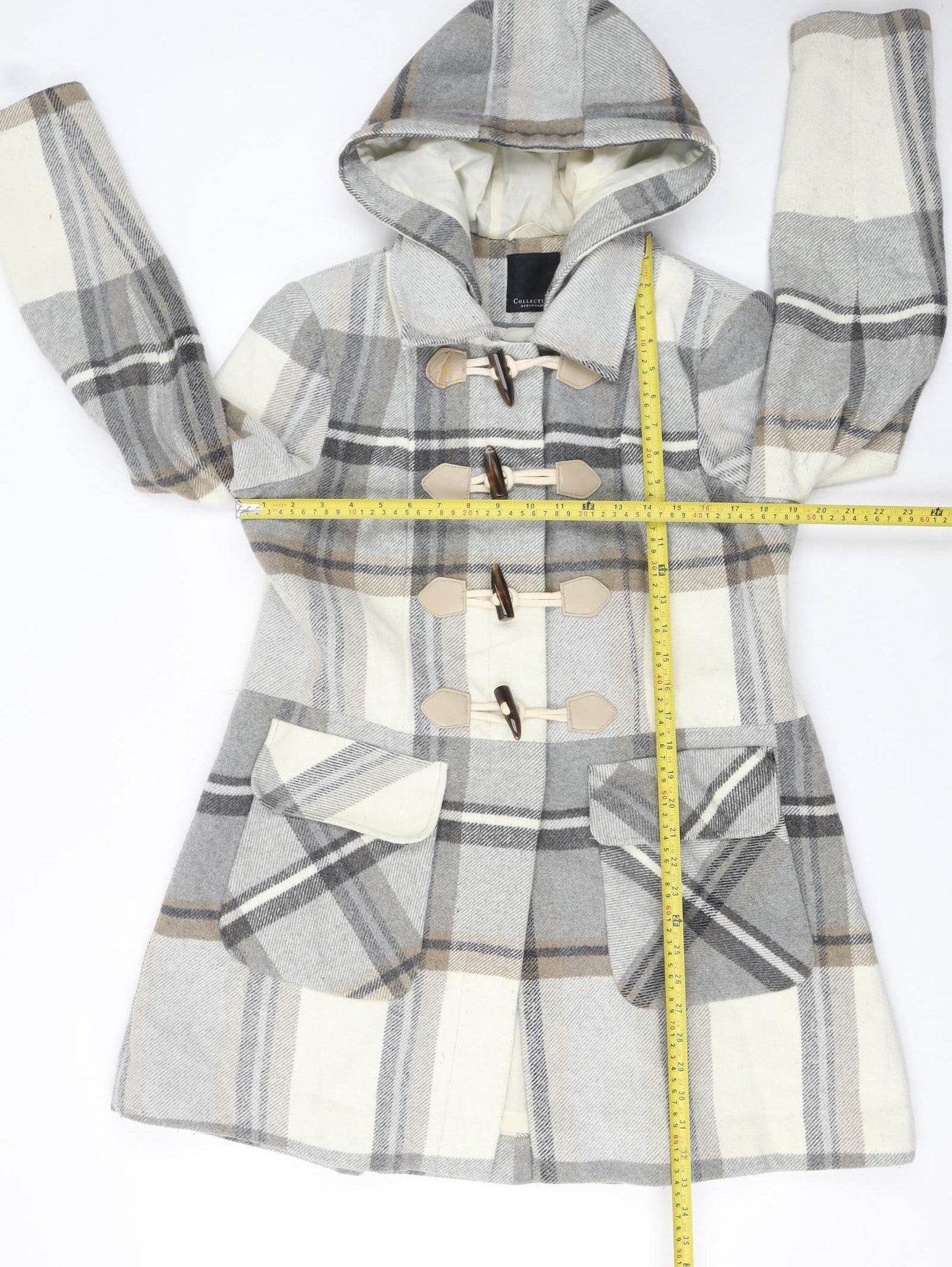 Debenhams Womens Grey Check Wool Blend Hooded Duffle Coat Size 16