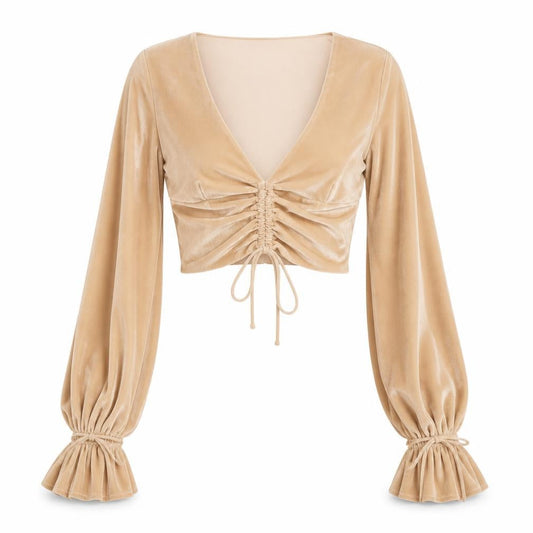 Oh Polly Womens Beige Velvet Cropped Ruched Long Sleeve Blouse UK 6
