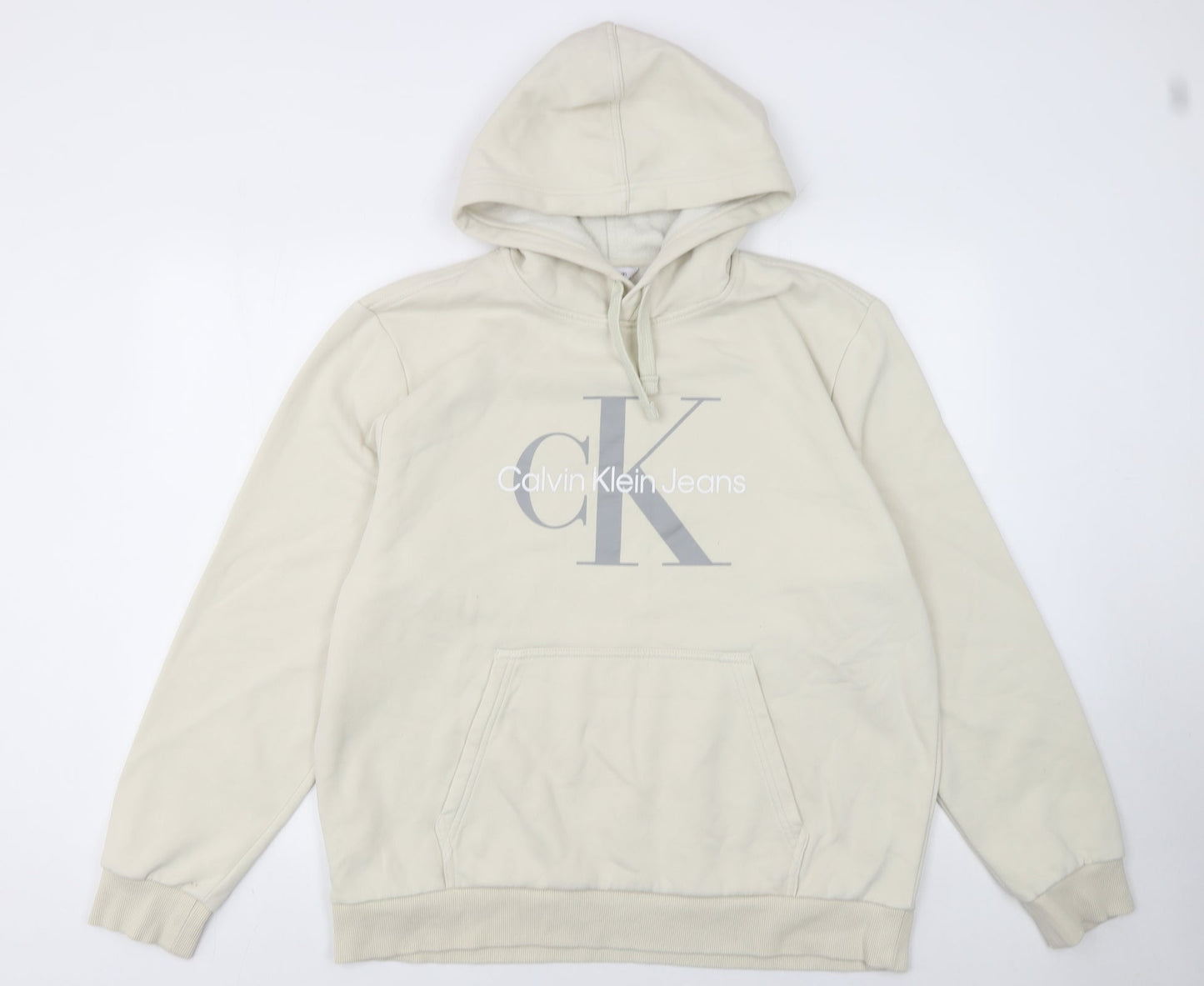 Calvin Klein Men's Beige Pullover Hoodie L Logo Fleece Sweatshirt