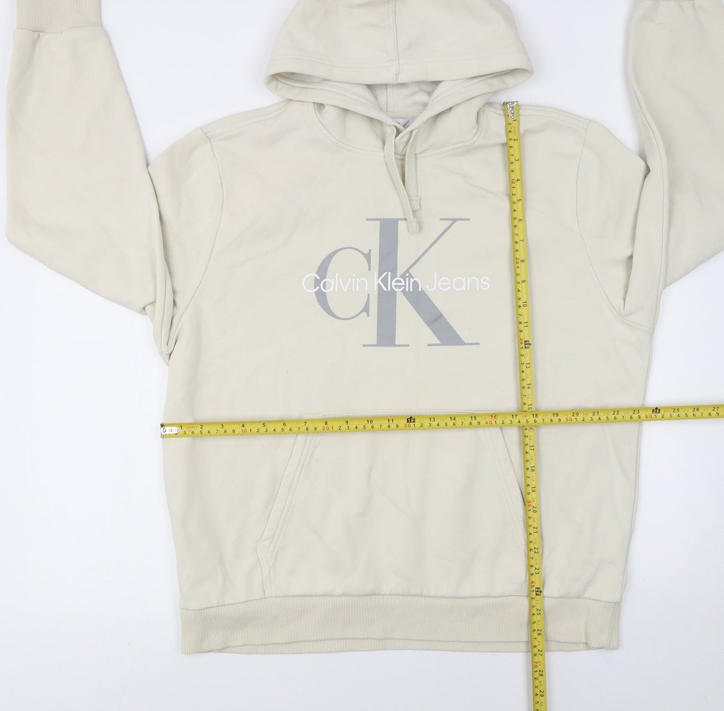 Calvin Klein Men's Beige Pullover Hoodie L Logo Fleece Sweatshirt