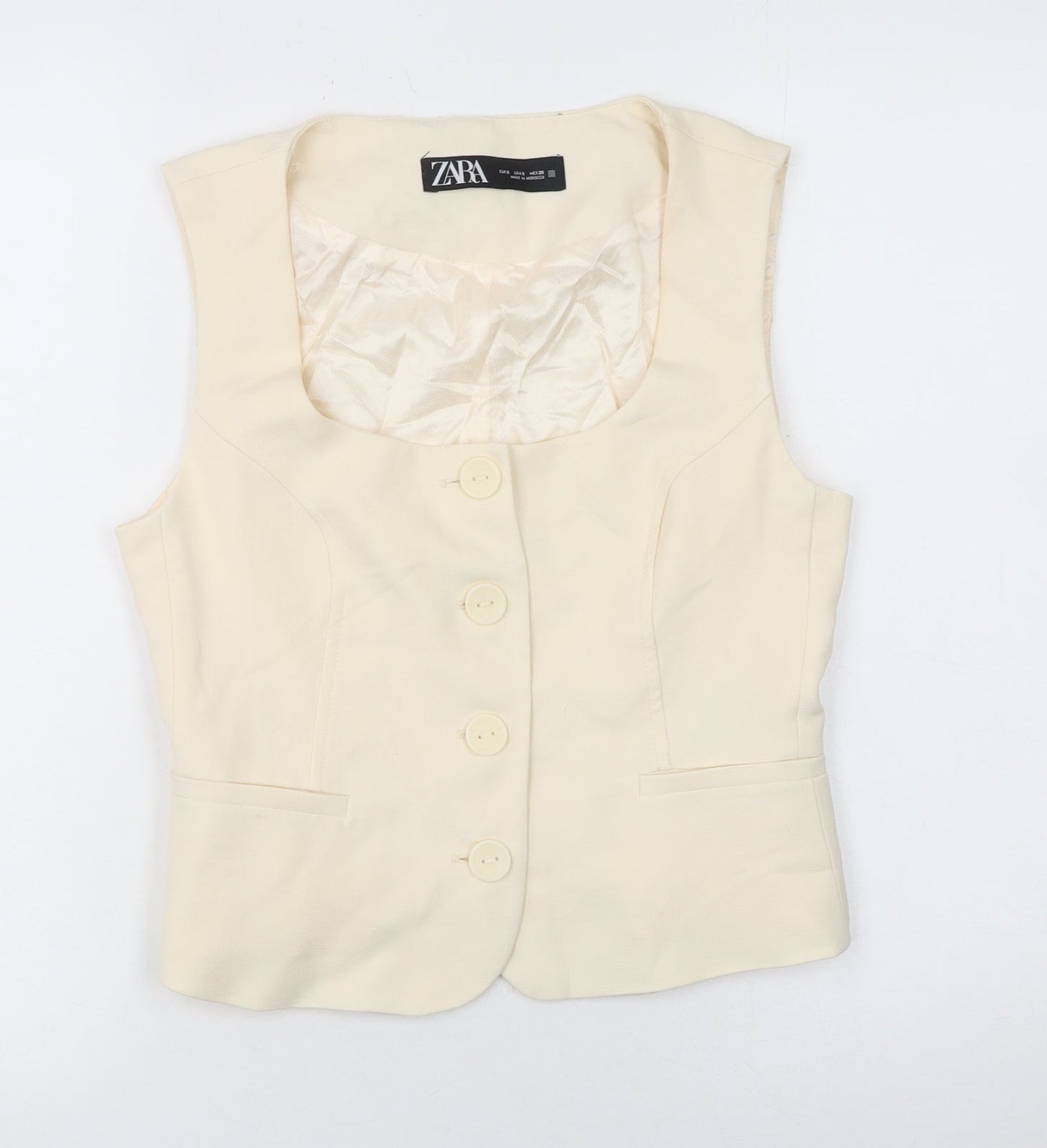 Zara Women Beige Sleeveless Cropped Button Blouse Size S