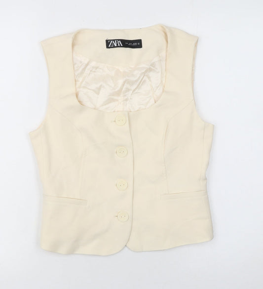 Zara Women Beige Sleeveless Cropped Button Blouse Size S