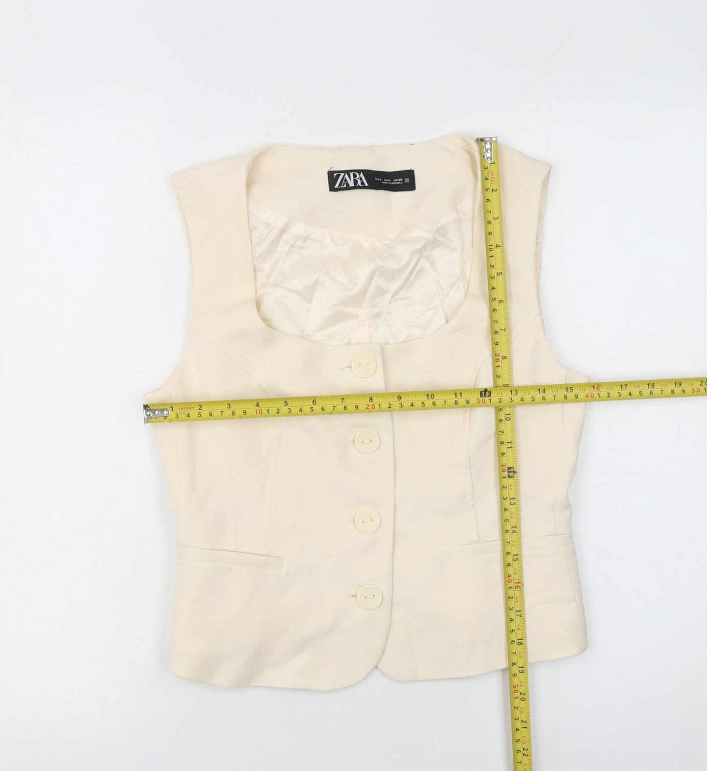 Zara Women Beige Sleeveless Cropped Button Blouse Size S