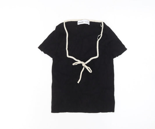 Bershka Women Black V-Neck Tie Knit T-Shirt Size 12