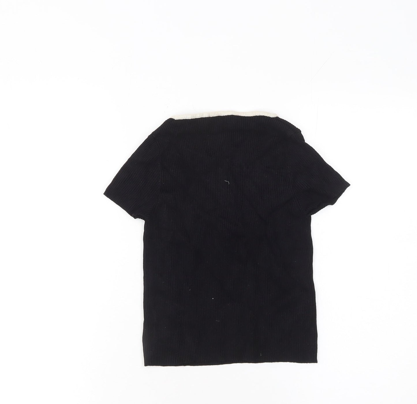 Bershka Women Black V-Neck Tie Knit T-Shirt Size 12