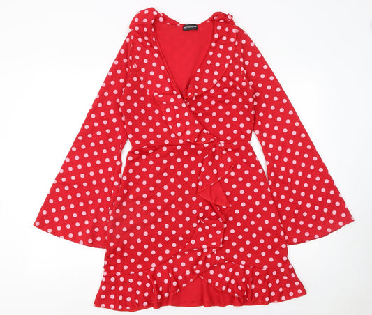 PrettyLittleThing Women Red Polka Dot Wrap Mini Dress Size 10