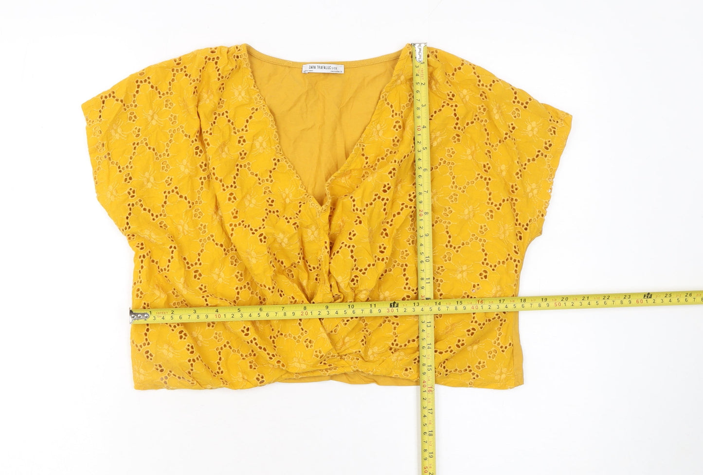 Zara Trafaluc Women's Yellow Cropped Lace V-Neck Short Sleeve Blouse Size S