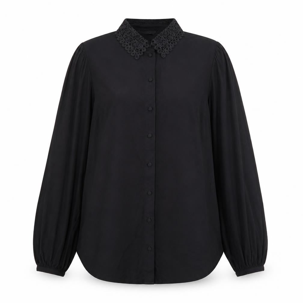Next Women's Black Collared Lace Button-Up Blouse Size 14